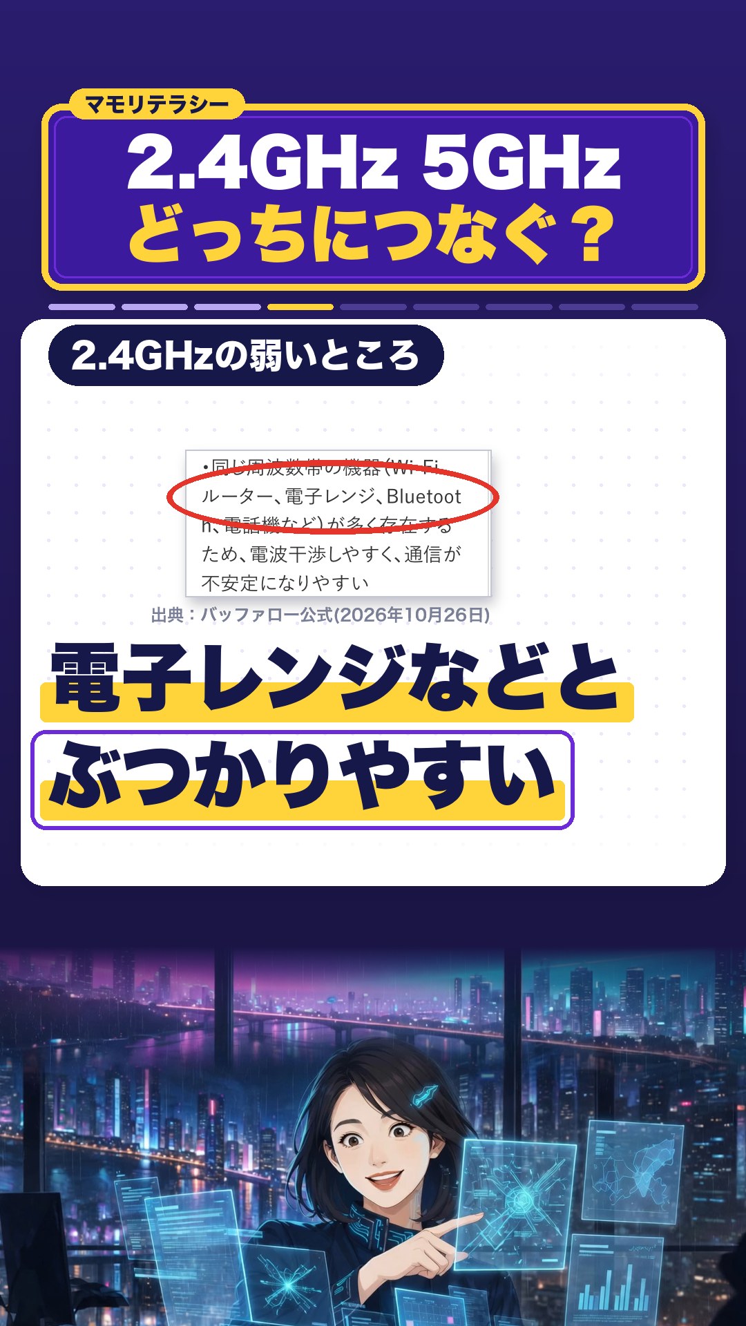 バッファローの表の2.4GHz帯の欄に「電子レンジ」