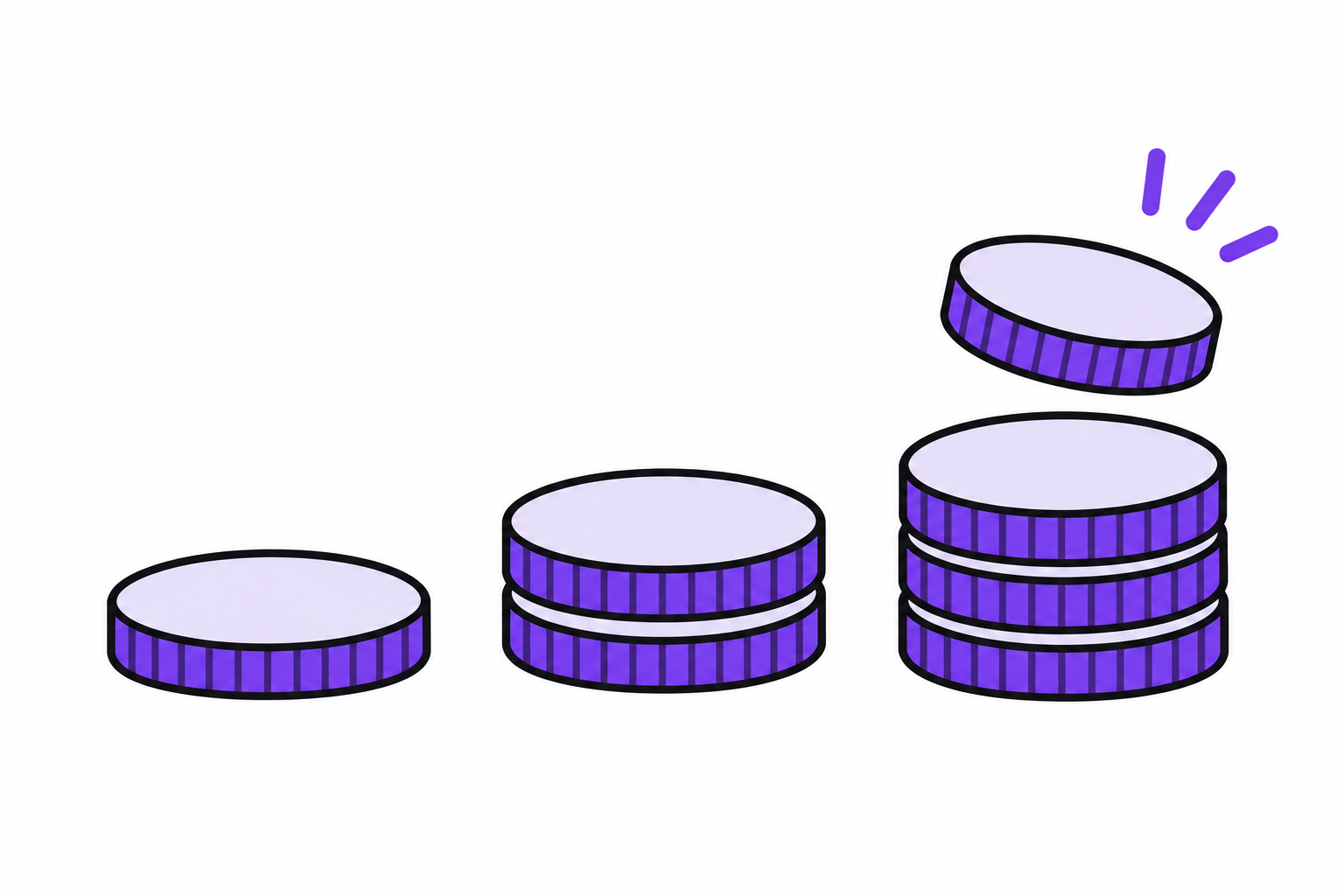 1枚、2枚、3枚と積み上がっていく硬貨のイラスト