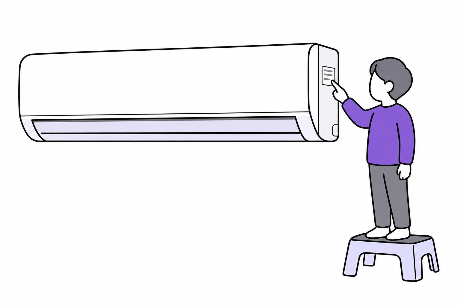 踏み台に乗った人が、壁掛けエアコンの側面の表示を指さしているイラスト
