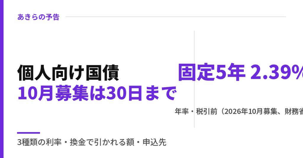 個人向け国債の10月募集は10月30日まで｜固定5年2.39%と定期預金の違い