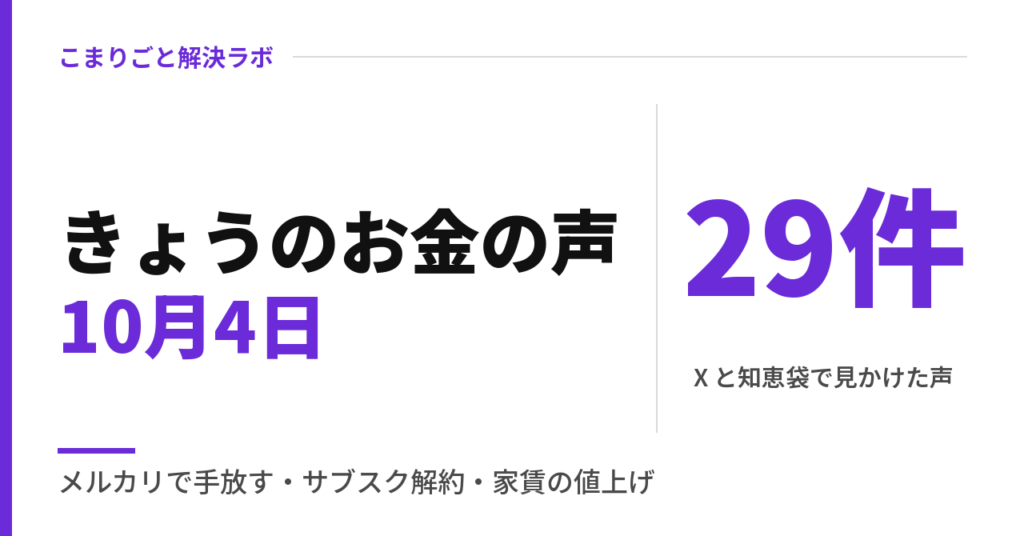 きょうのお金の声｜メルカリで手放す、サブスクをまとめて解約、家賃の値上げ連絡（2026年10月4日）