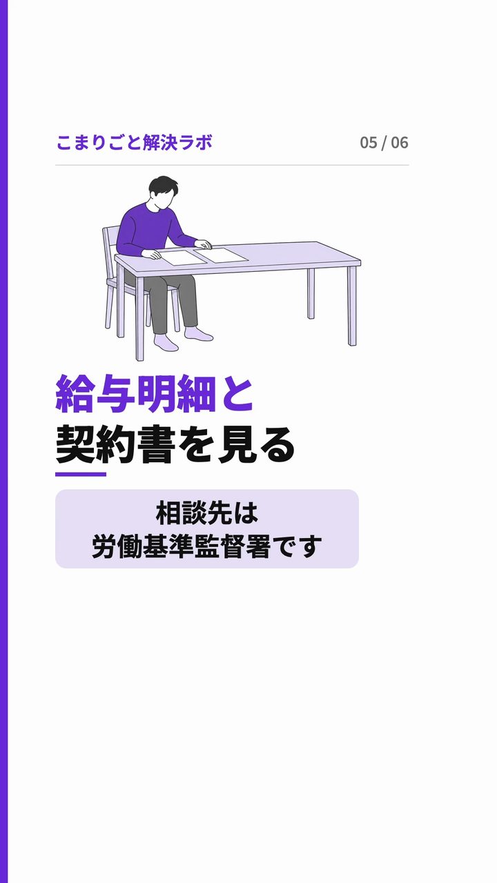 給与明細と 契約書を見る 相談先は労働基準監督署です