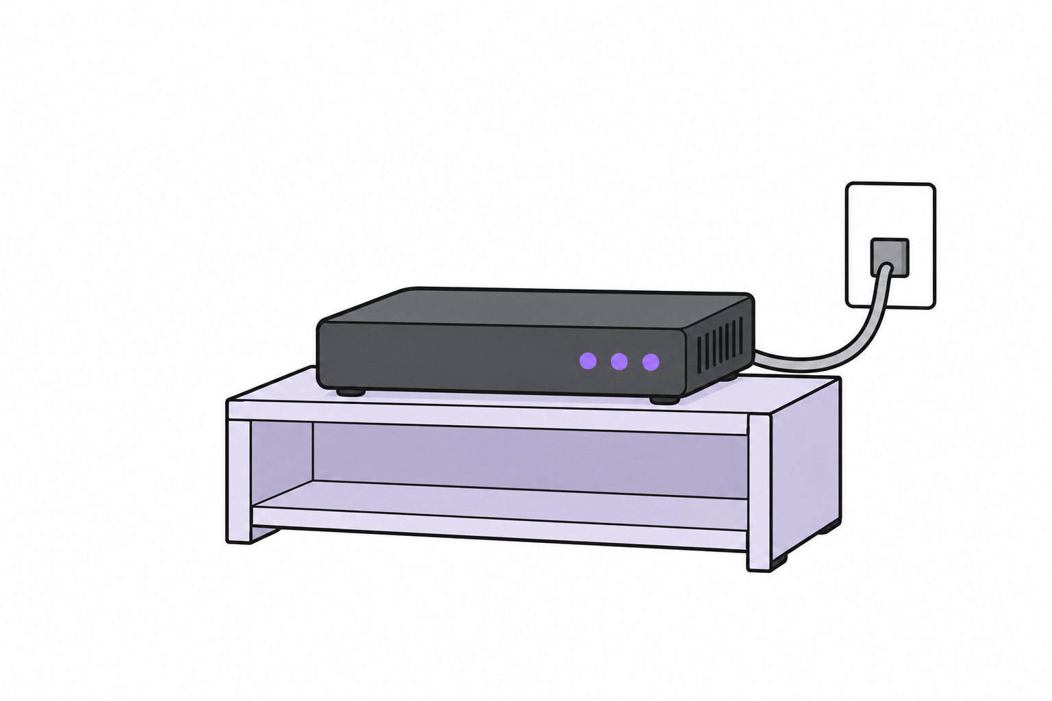 棚の上のルーターが、壁の差し込み口とケーブルでつながっているイラスト