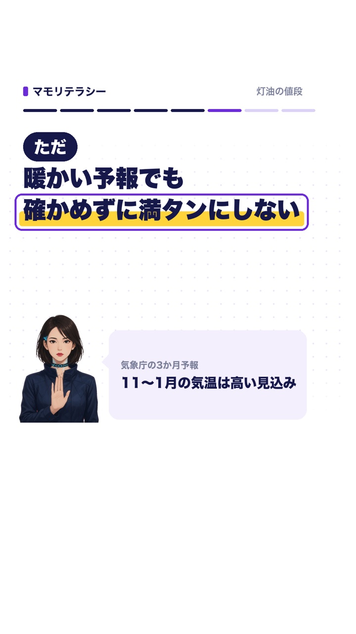 ただ、暖かい予報でも確かめずに満タンにしない。気象庁の3か月予報、11〜1月の気温は高い見込み